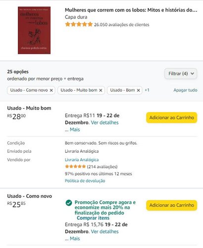 Nas opções de Usados você poderá escolher a condição do livro.