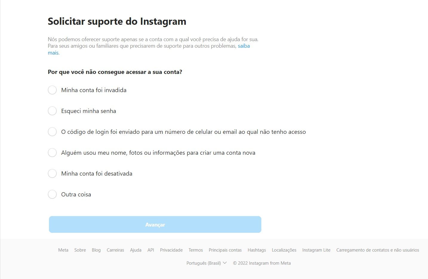 Instagram.com/hacked já tem página de suporte em português.