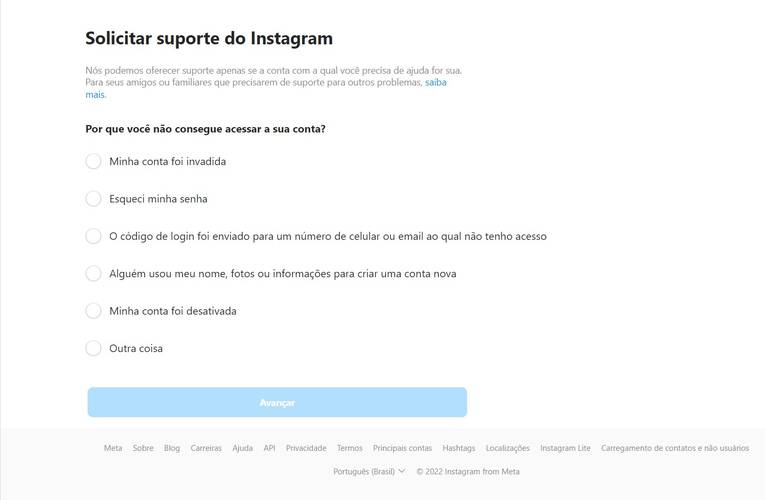 Instagram.com/hacked já tem página de suporte em português.