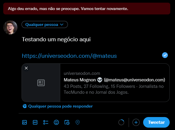 Uma mensagem de erro aparece ao tentar postar o link do Mastodon no Twitter.