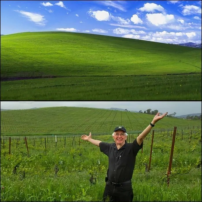 Charles O'Rear ao lado da paisagem que foi eternizada pela Microsoft
