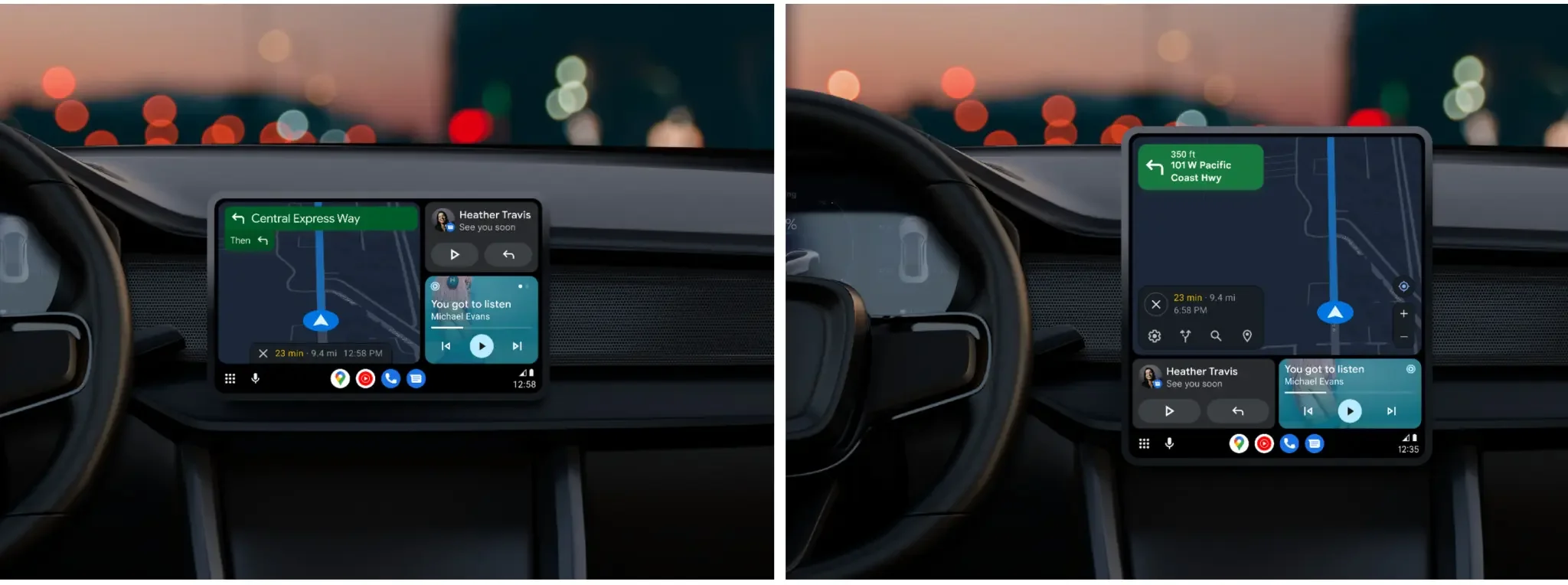 Novo visual do Android Auto permite usar o recurso de tela dividida em diferentes painéis.