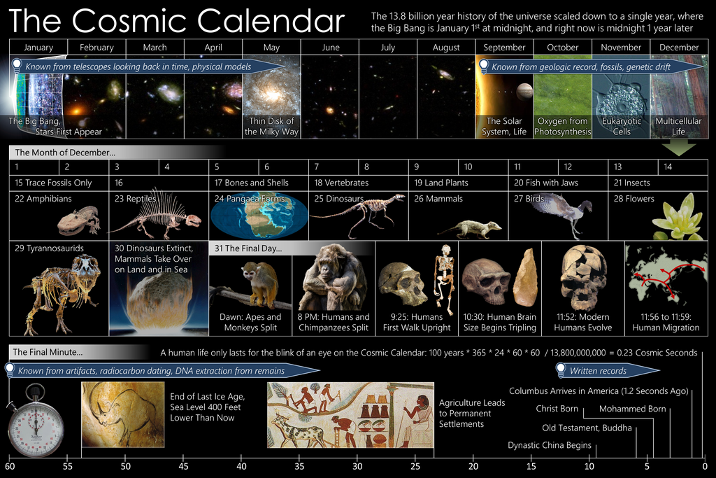 O Calendário Cósmico: 13,8 bilhões de anos comprimidos em um ano.