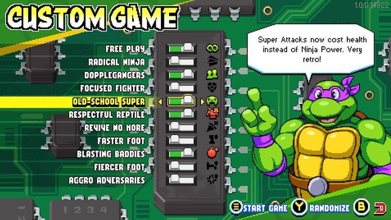 Essas são todas as opções disponíveis no modo Custom disponível na opção Arcade para Teenage Mutant Ninja Turtles Shredder's Revenge. (Fonte: Steam/Divulgação)