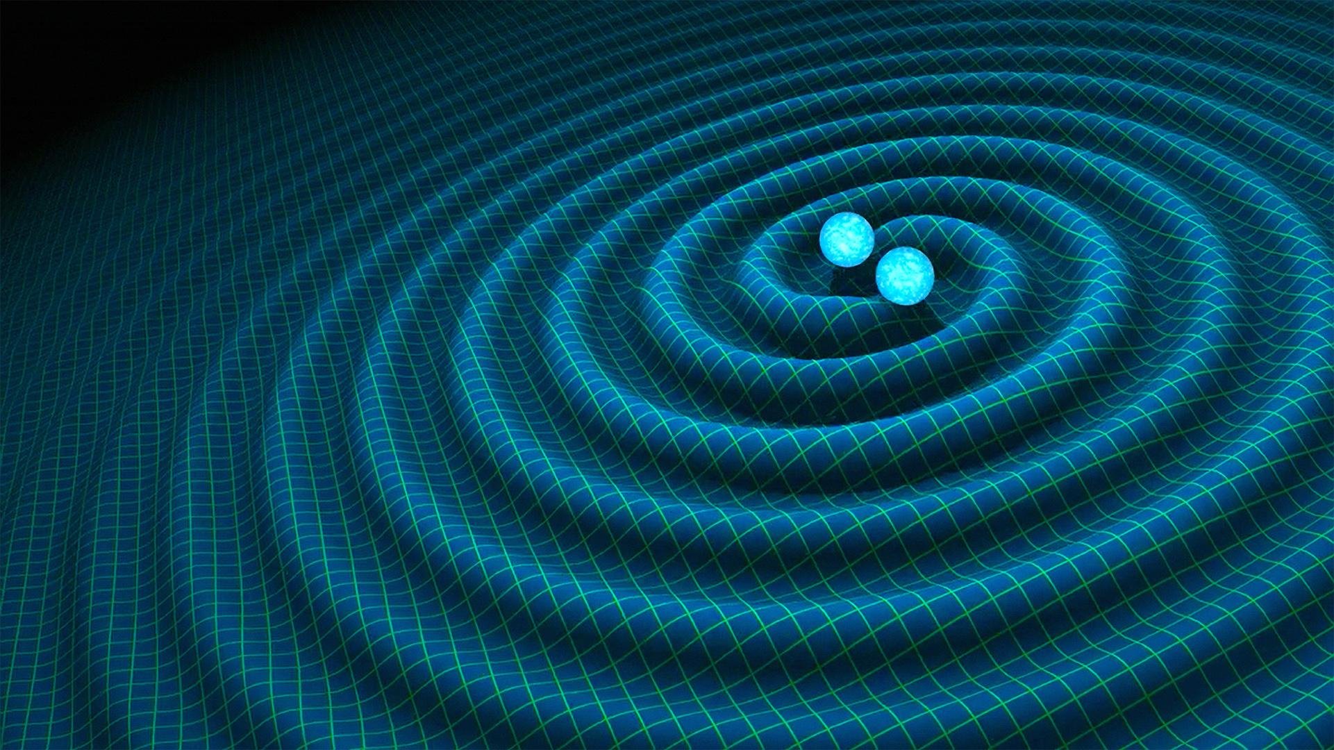 Representação artística da produção de ondas gravitacionais por duas estrelas binárias.