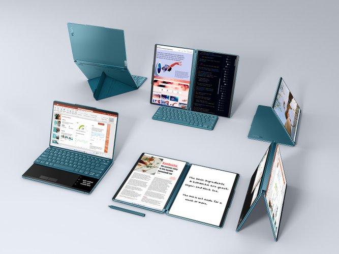 O Yoga Book 9i pode ser usado de inúmeras formas.