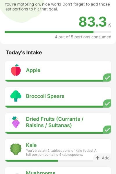 A interface é simples e indica o quanto da meta diária foi atingida. Há também histórico, no qual fica registrado o desenvolvimento alimentar.