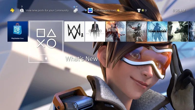 Tema de fundo do PlayStation 4 personalizado com a foto da personagem Tracer, de Overwatch - Imagem: Reprodução/Sony