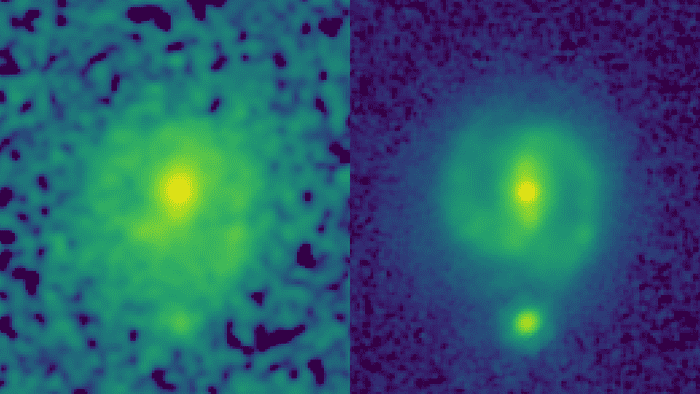 A galáxia EGS23205 fotografada por pelo telescópio Hubble, à esquerda, e pelo JWST, à direita