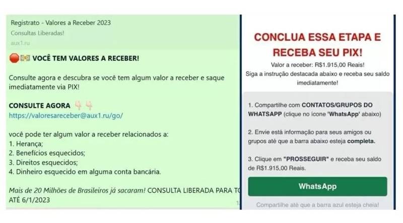 Captura de tela da mensagem no WhatsApp e do link enviado; os criminosos podem usar os dados para diversos fins, como fazer compras pela internet.