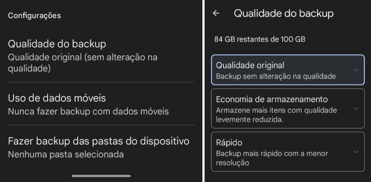 Em “Qualidade do backup”, os usuários encontram as opções do tamanho do upload dos arquivos na nuvem.