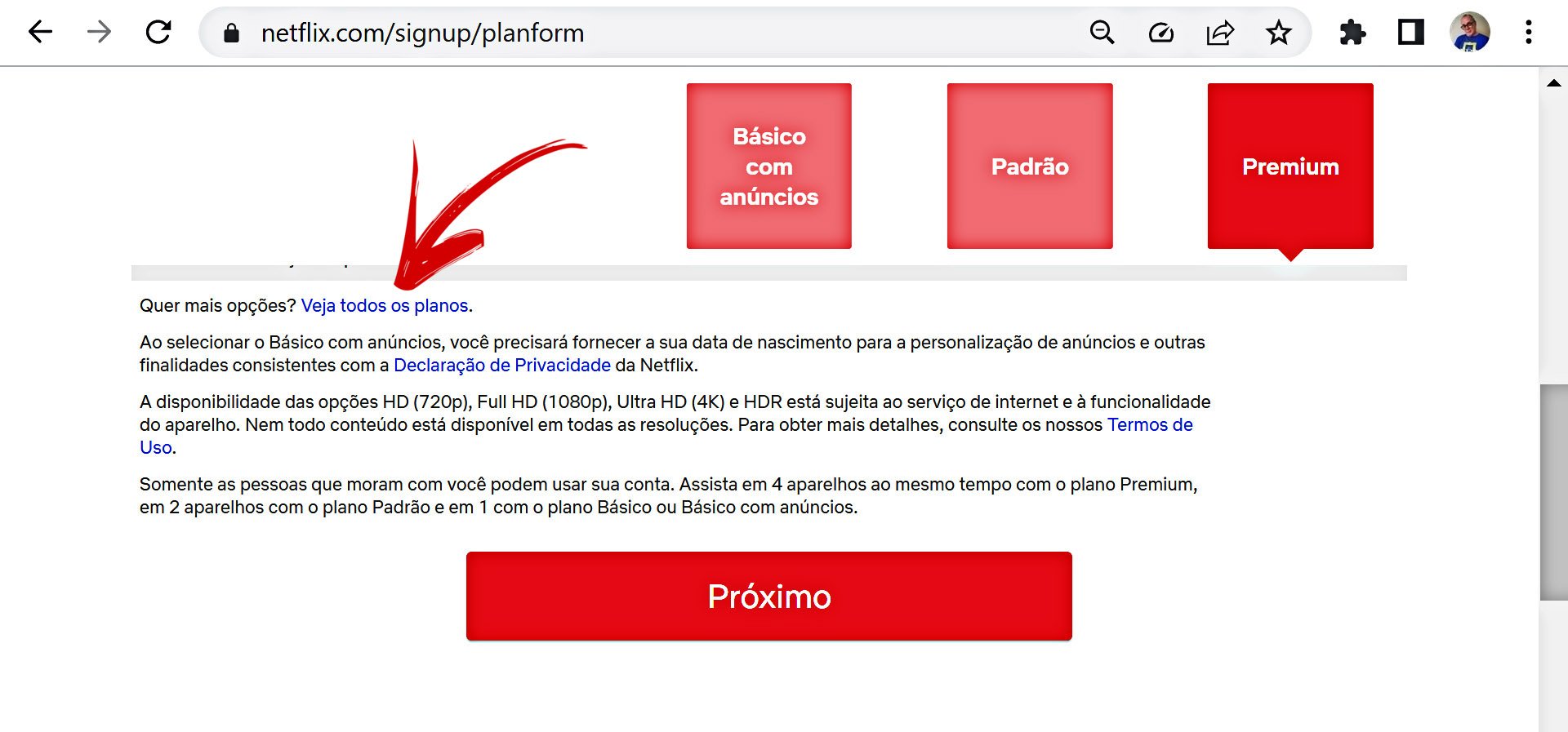 Netflix exibe somente três planos na página principal de assinatura.