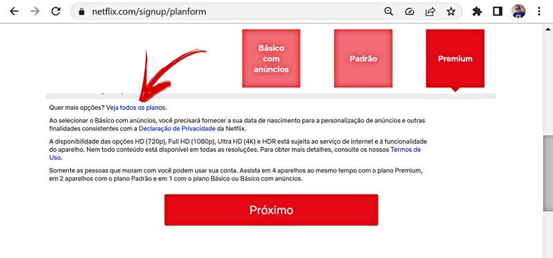 Netflix exibe somente três planos na página principal de assinatura.