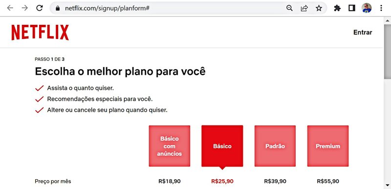Página "escondida" mostra todas opções de planos da Netflix.