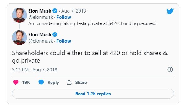 Em uma série de mensagens em 2018, Musk disse estar considerando fechar o capital da Tesla.