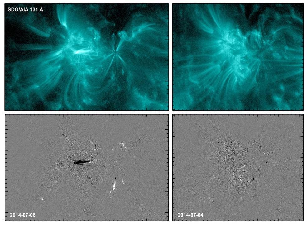 As imagens superiores apresentam o brilho produzido no dia anterior a uma erupção solar. As inferiores mostram a diferença de atividade em dias anteriores a explosão (à esquerda) e quando não houve atividade (à direita).
