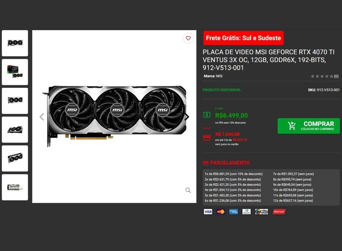 Modelos mais baratos da RTX 4070 Ti custam em média R$ 6.500, à vista.