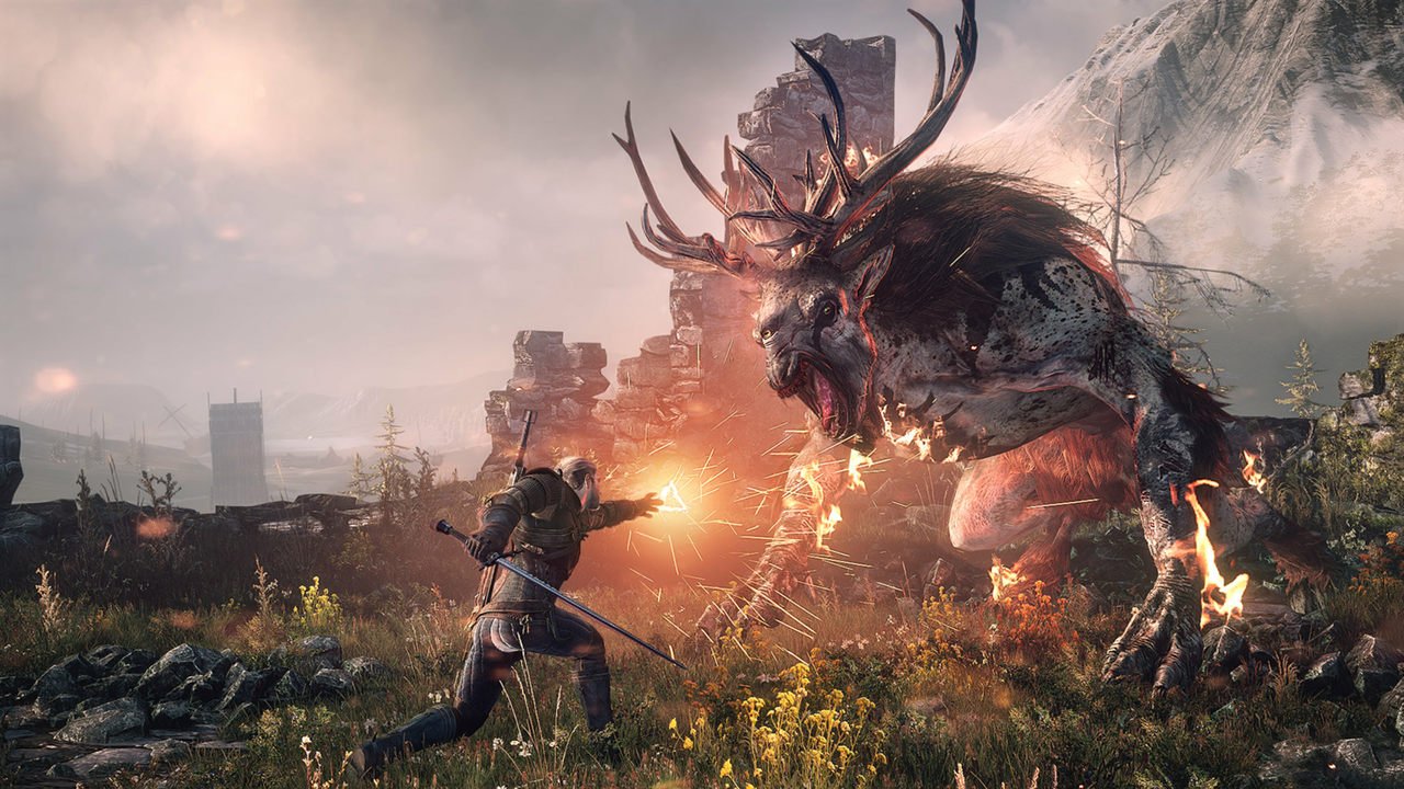 Geralt usando uma das magias do jogo para derrotar um inimigo gigante - Imagem: Reprodução/ CD Projekt Red