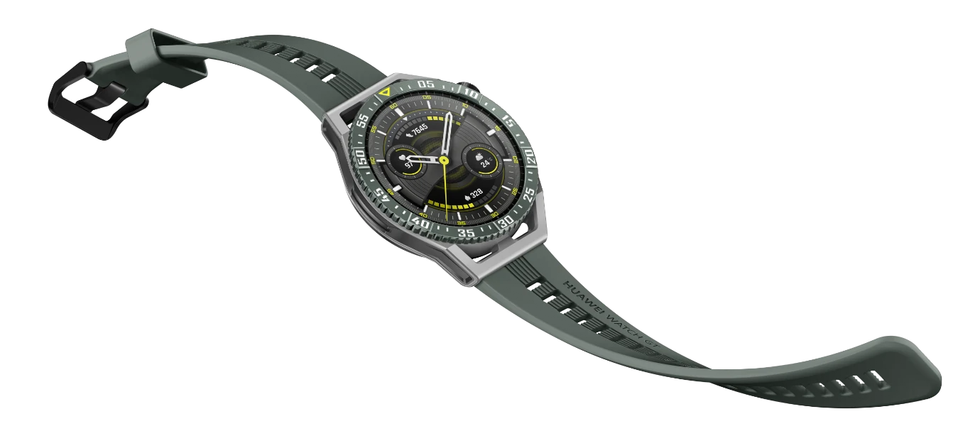 O Huawei Watch GT 3 SE tem pulseiras nas cores verde e preta.