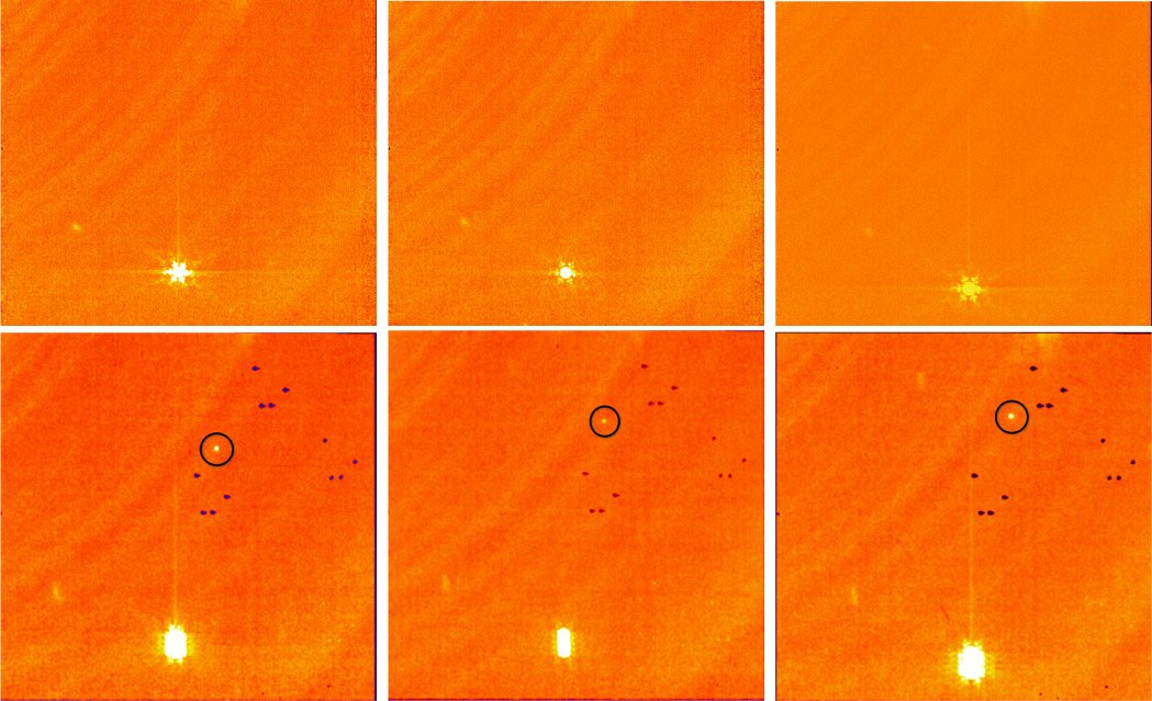 Na fila de cima, três imagens MIRI L3 do asteroide 10920. (Fonte: NASA/JWST/Divulgação.)