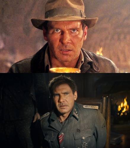Harrison Ford em Caçadores da Arca Perdida (cima) e em Relíquia do Destino (baixo).