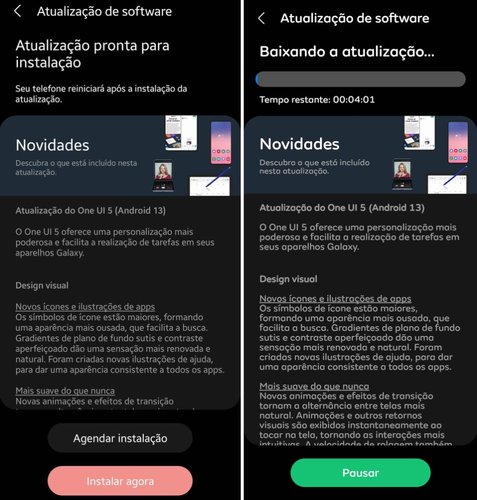 Tela de atualização do Galaxy S20 FE para o Android 13.