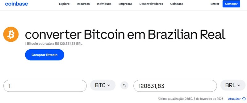 O conversor de Bitcoin Coinbase mostra a data e horário de atualização dos dados