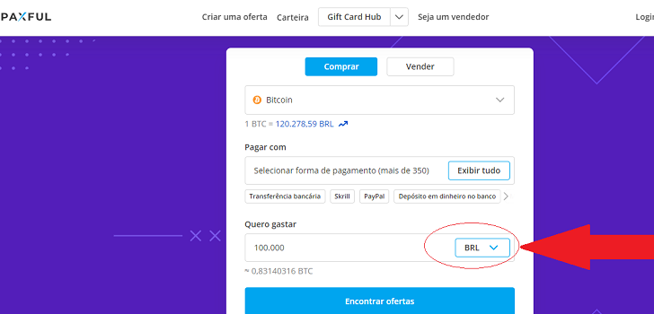 Ao acessar o conversor de Bitcoin Paxful é necessário alterar a moeda para real (BRL)