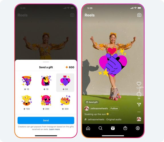 Ao clicar no botão “Send Gift” nos Reels, os seguidores podem enviar um presente virtual.
