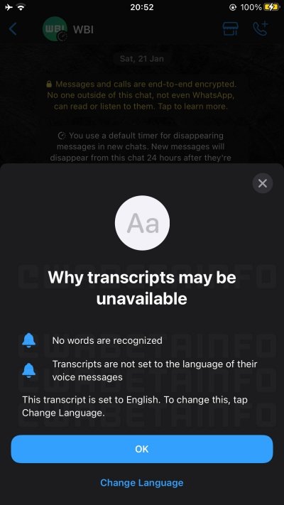 Captura de tela alerta quando a transcrição de áudio no WhatsApp não fica disponível.