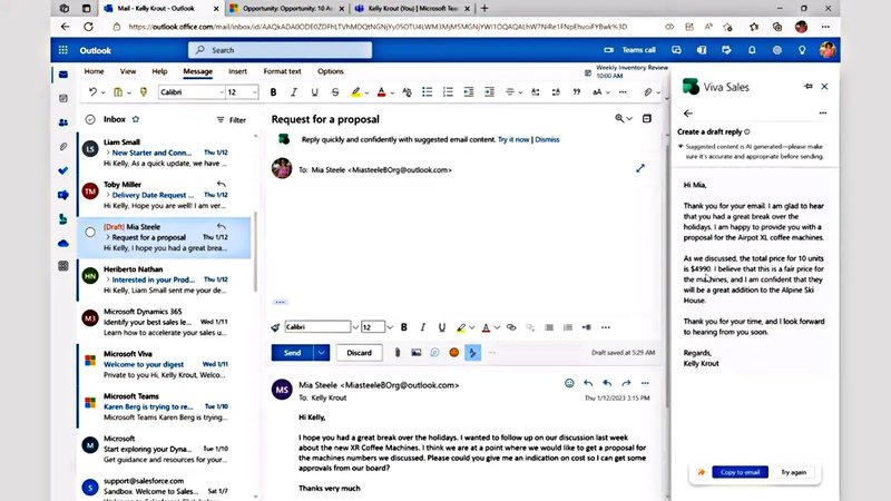 A Microsoft já usa a tecnologia da OpenAI em emails do seu aplicativo Viva Sales. (Fonte: Microsoft/Reprodução.)