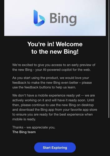 E-mail da Microsoft sobre o ChatGPT com Bing explica que versão para iOS e Android ficará pronta em breve.
