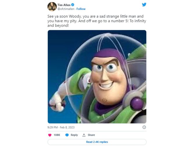 Tweet do ator Tim Allen, dublador do personagem Buzz Lightyear