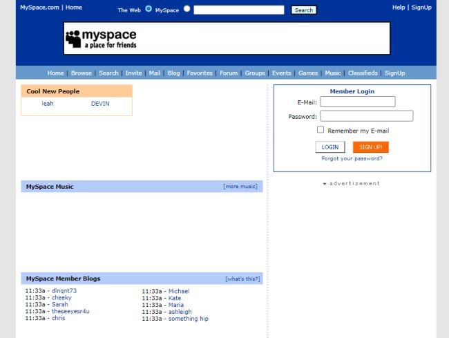 MySpace.com em 2005.