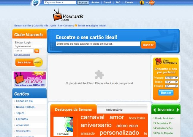 Cartões virtuais de várias categorias disponíveis no site da Voxcards em 2009.