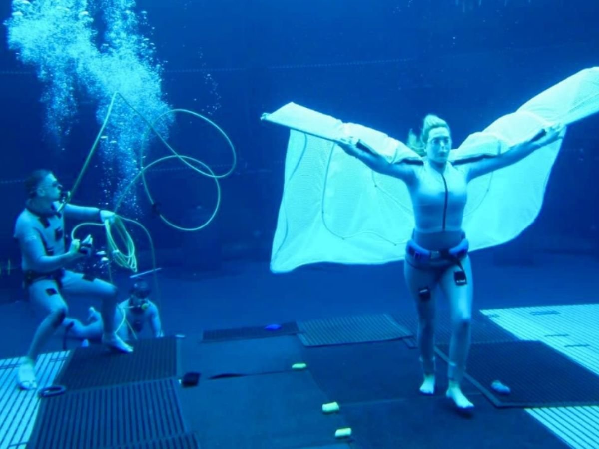 Kate Winslet nas filmagens de Avatar: O Caminho da Água.