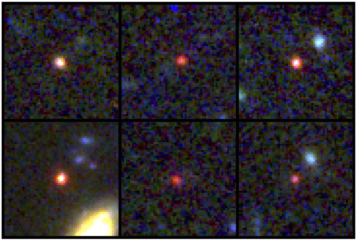 Imagens das seis galáxias massivas, observadas entre 500 e 800 milhões de anos após o Big Bang. (Fonte: Labbé et al./Divulgação)