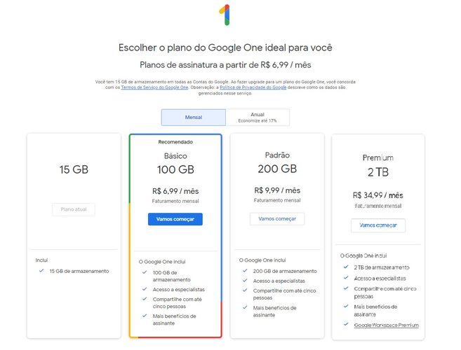 Depois de escolher entre um dos três planos disponíveis para a assinatura do Google One, clique em 