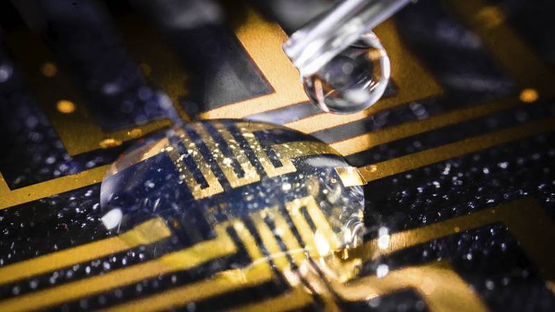 Imagem do gel testado em um circuito microfabricado; o estudo abre novos caminhos para a bioeletrônica, mas ainda é necessário se aprofundar no tema para entender melhor sobre o uso do gel.