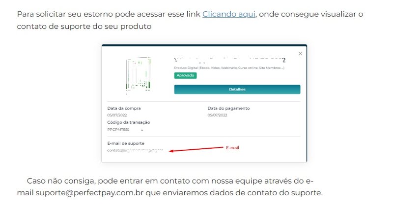 Entre em contato com a equipe Perfect Pay para seu estorno. (Fonte: Perfect Pay/Reprodução)