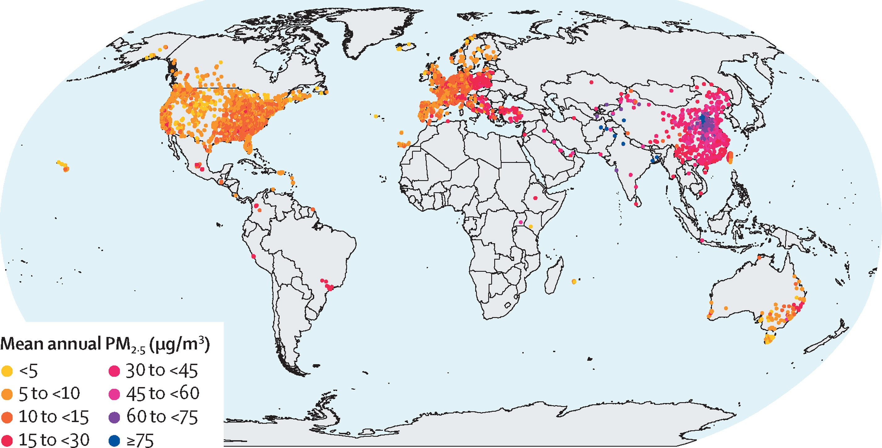 Estações de monitoramento e concentração média anual de PM2,5 de 2000 a 2019.