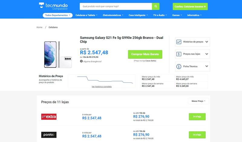 Além do valor do produtos em diferentes lojas, você também pode acompanhar uma linha do tempo com a variação de preço