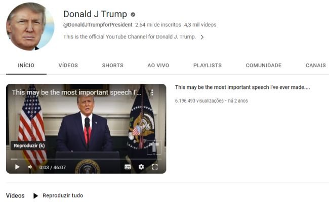 Por enquanto, Trump não fez novas postagens em seu canal no YouTube.