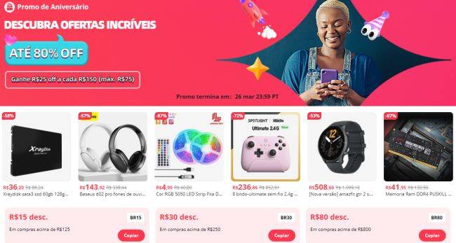 Produtos em oferta na página da promoção de aniversário AliExpress 2023.