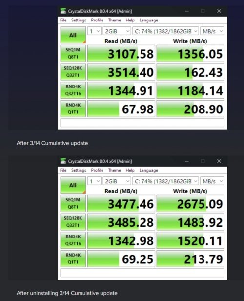 Usuários mostraram prints para comprovar a queda de desempenho do SSD após a atualização.