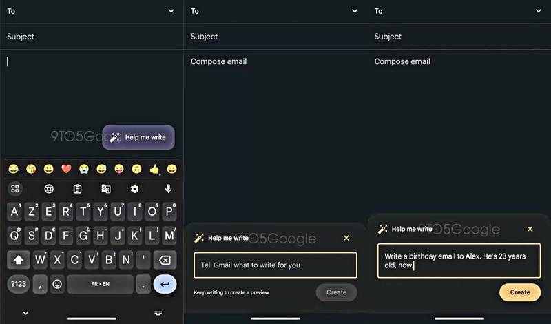 Ativação da tela "Ajude-me a escrever" na tela de composição do novo Gmail.