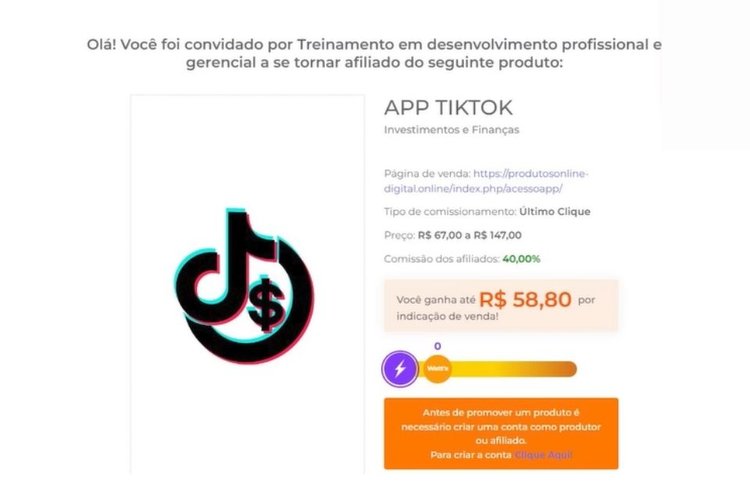 Convite para o programa de afiliação do TikTok Pay.