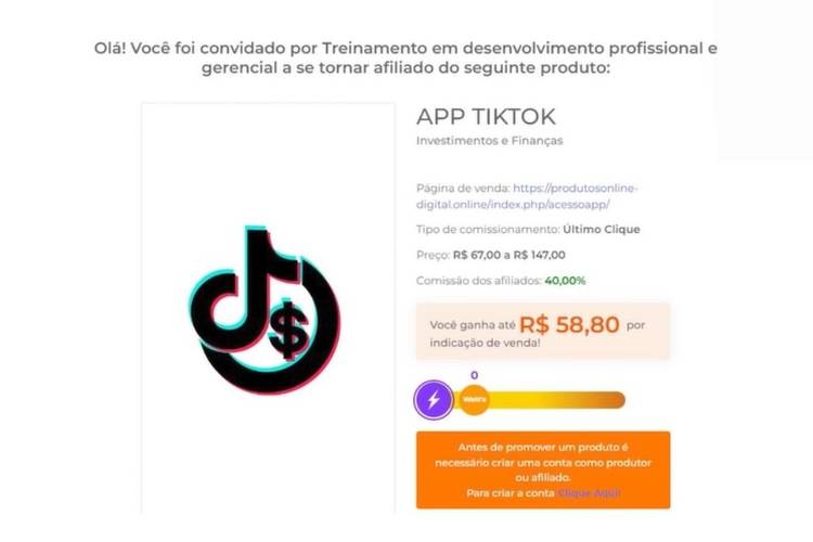 Convite para o programa de afiliação do TikTok Pay.