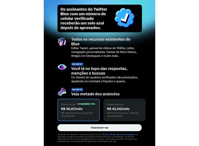 Plano de assinatura do Twitter Blue