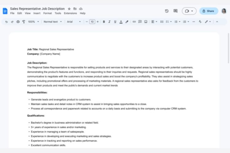 IA generativa no Google Docs ajudando a escrever uma descrição de trabalho.